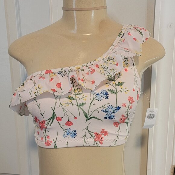 Old Navy Pink Floral Ruffled One-Shoulder Swim Top - Picture 2 of 11